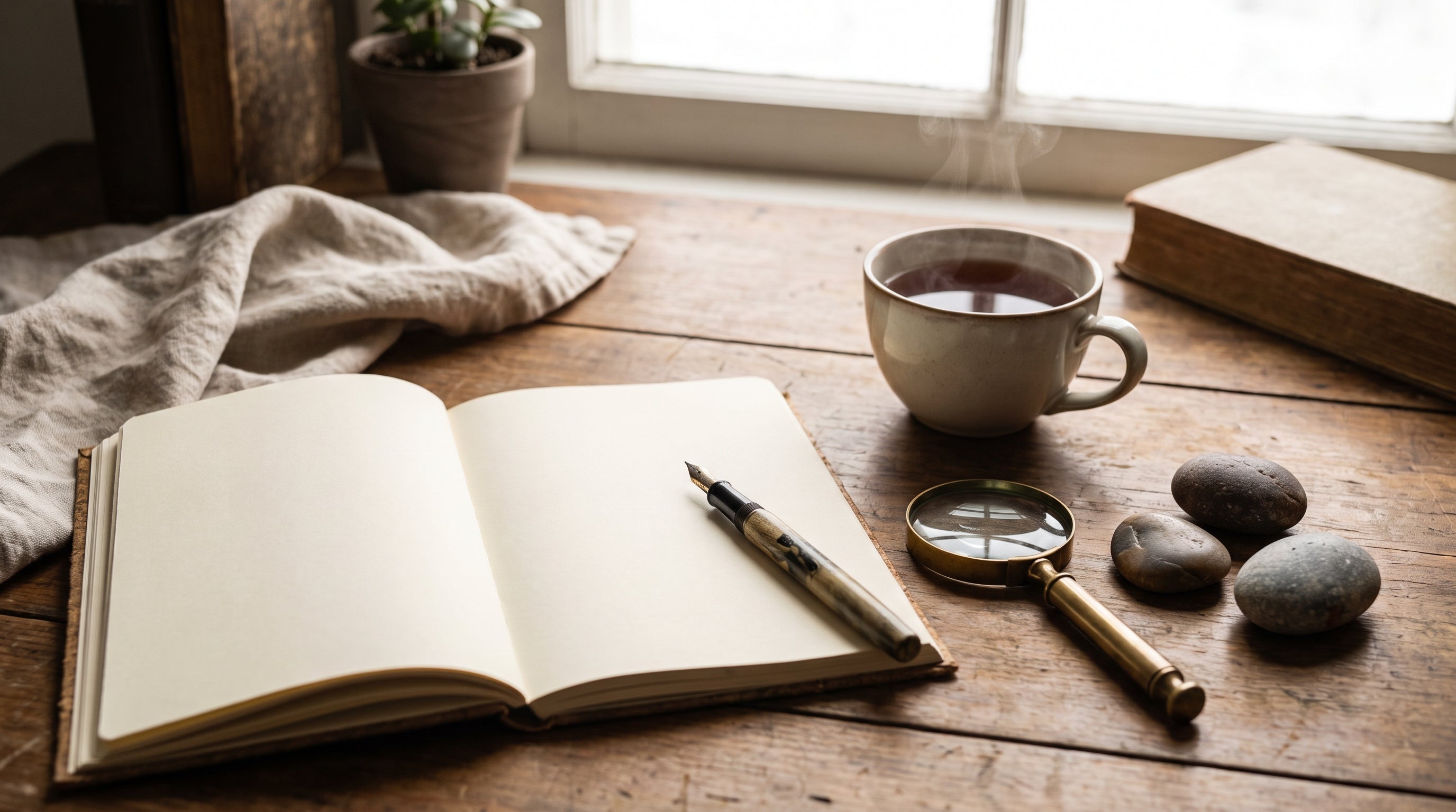 Defter, büyüteç ve taşlarla soru-cevap masası