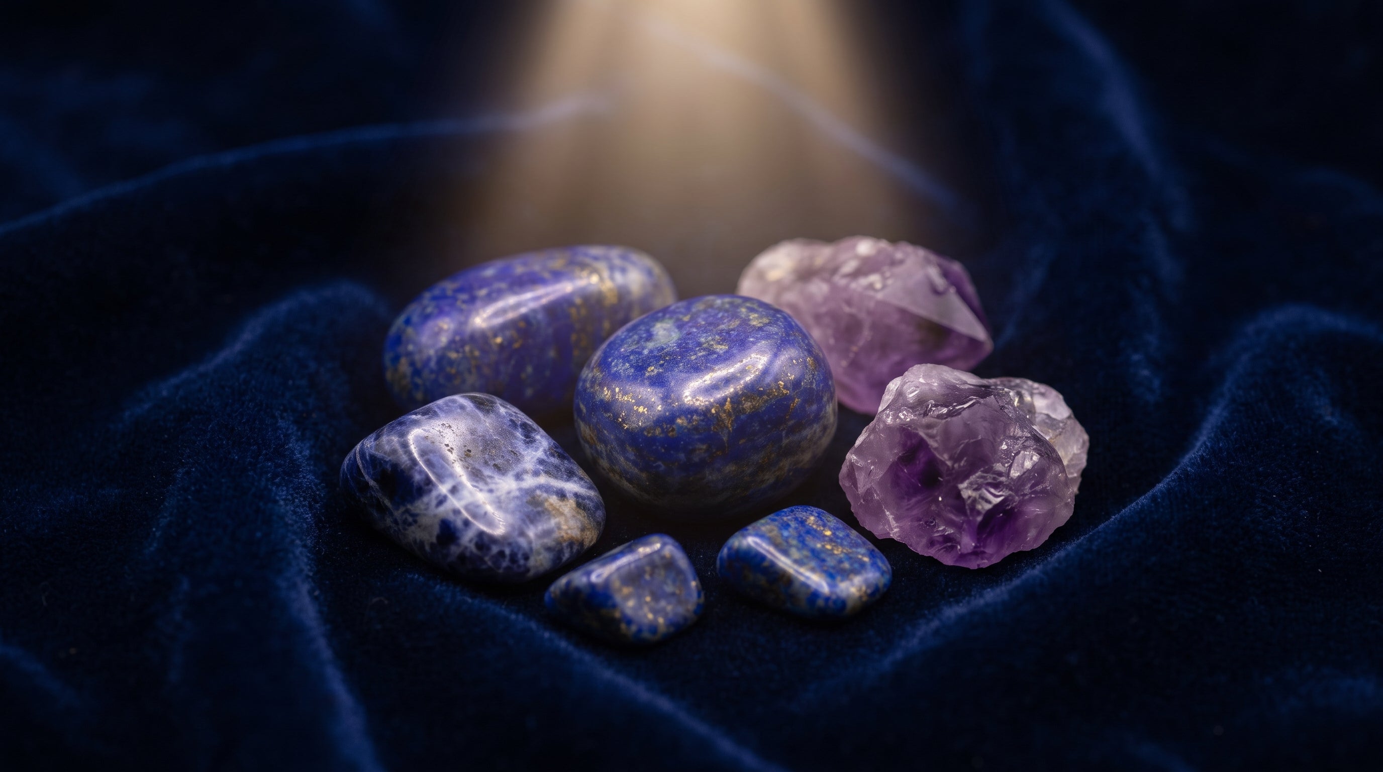 Lacivert kadifede lapis lazuli, sodalit ve ametist