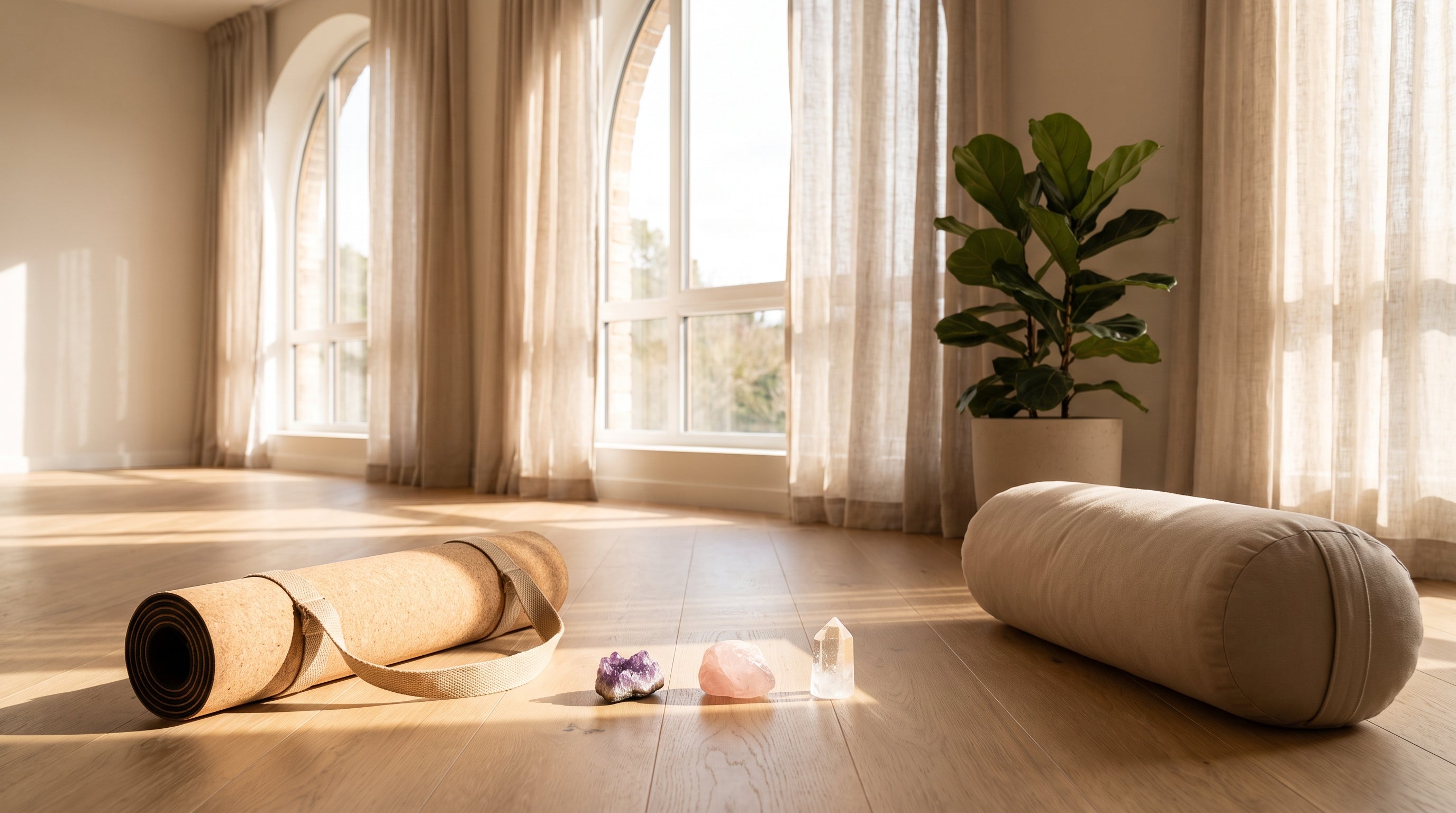 Yoga matı, minder ve sıra hâlinde taşlar
