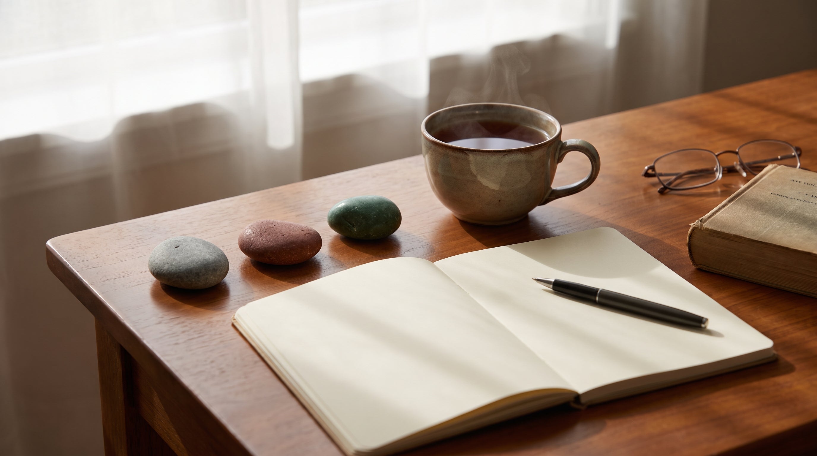 Defter, kalem ve üç taşla düşünme masası