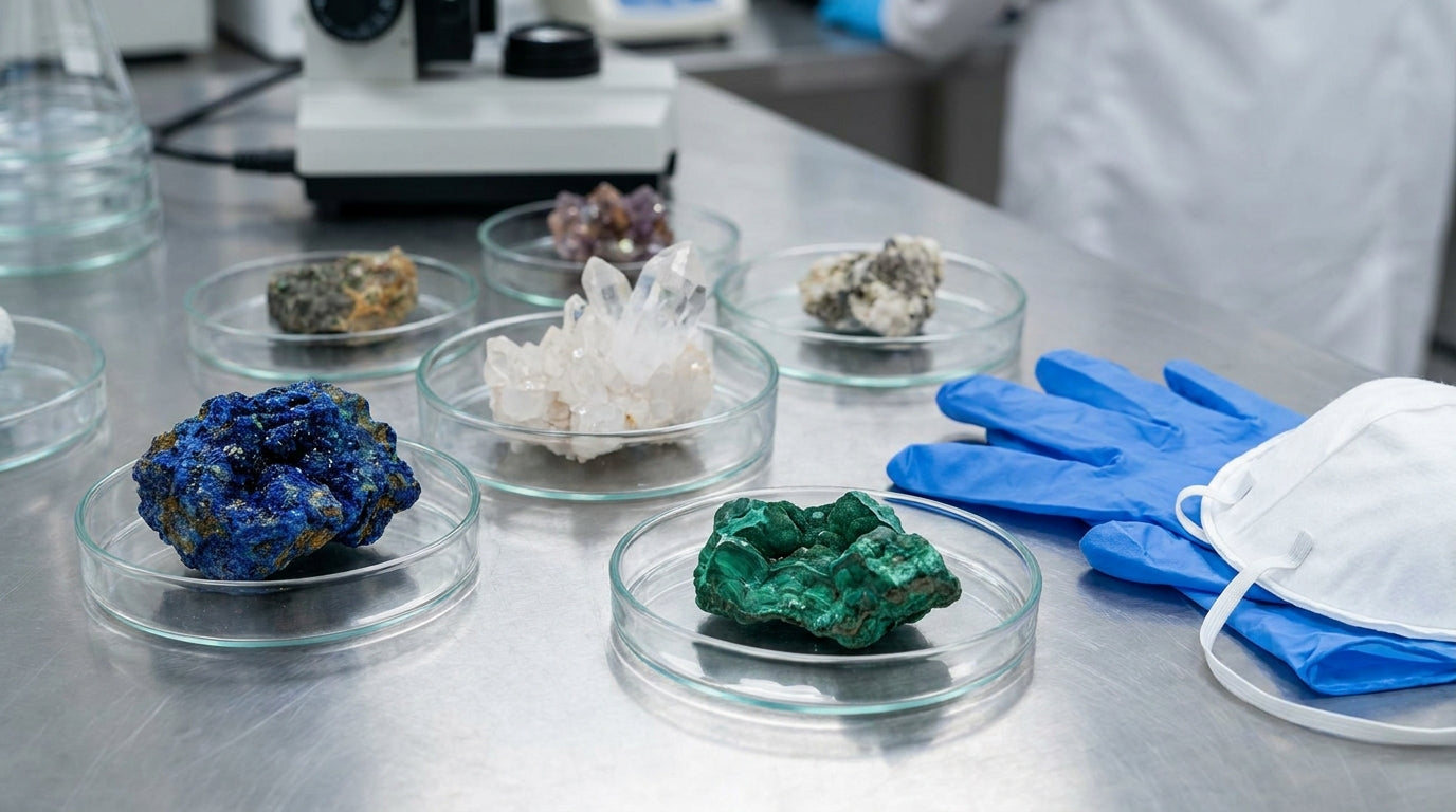 Tezgâhta cam kaplarda mineral örnekleri, eldiven ve maske