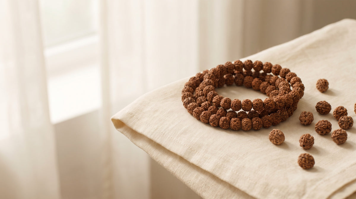 Oluklu kahverengi rudraksha tohumları ve doğal taşlı rudraksha bileklik