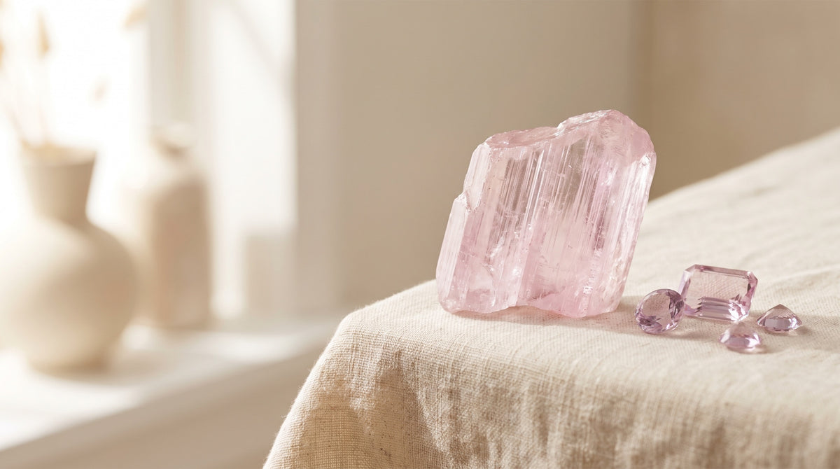 Açık pembe ve lila tonlu kunzit taşı boncukları yakın plan