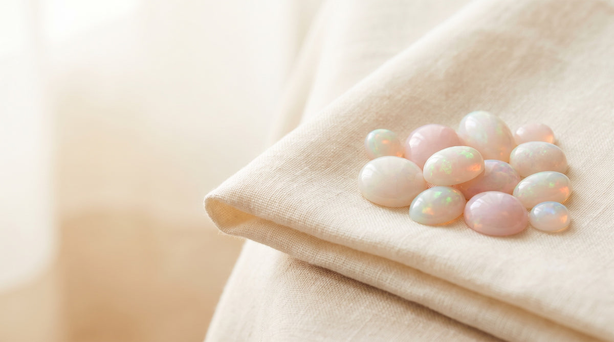 Renk oyunlu beyaz opal kaboşon ve pembe, sarı opal boncuklar