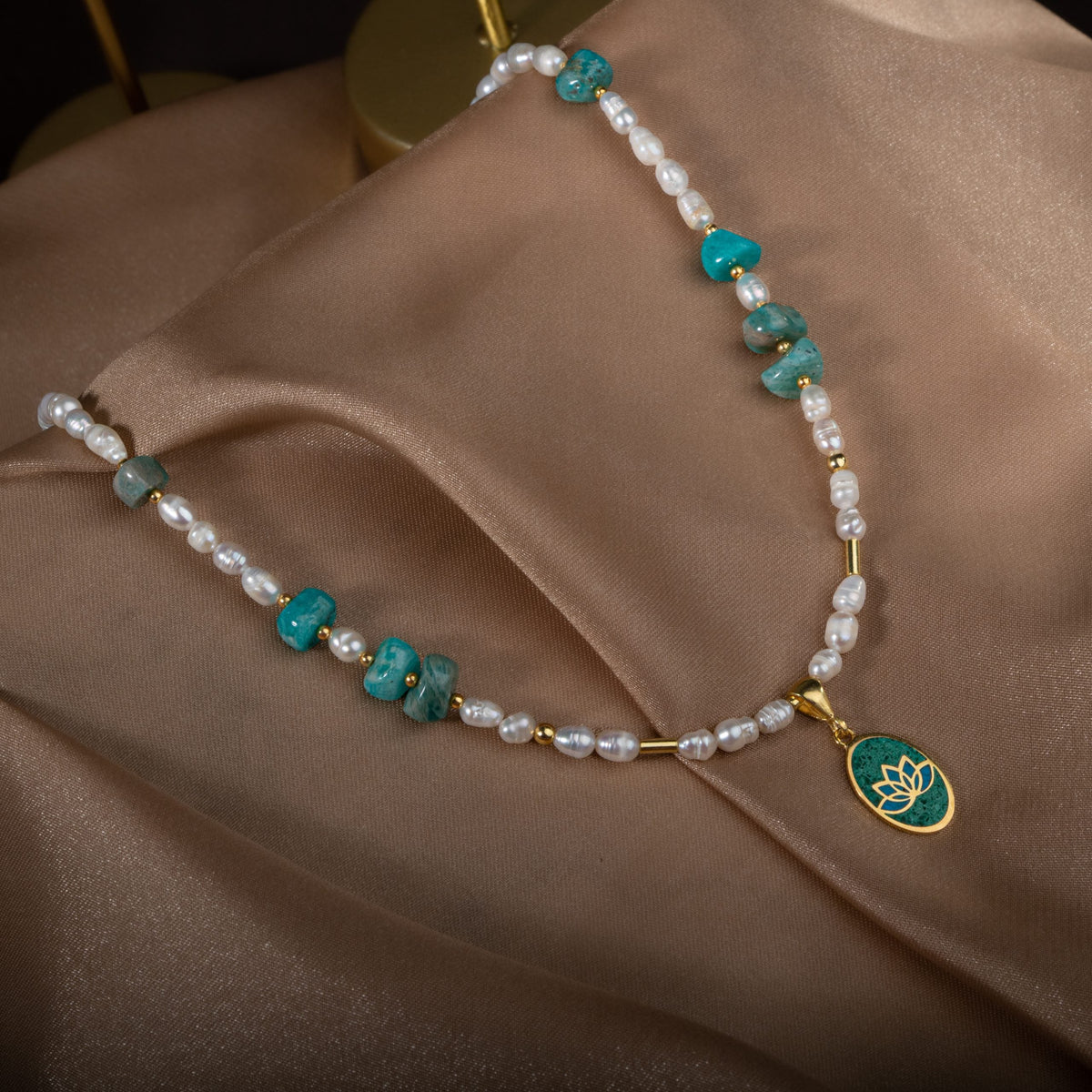 İnci-Amazonit Doğal Taş Gümüş Kolye