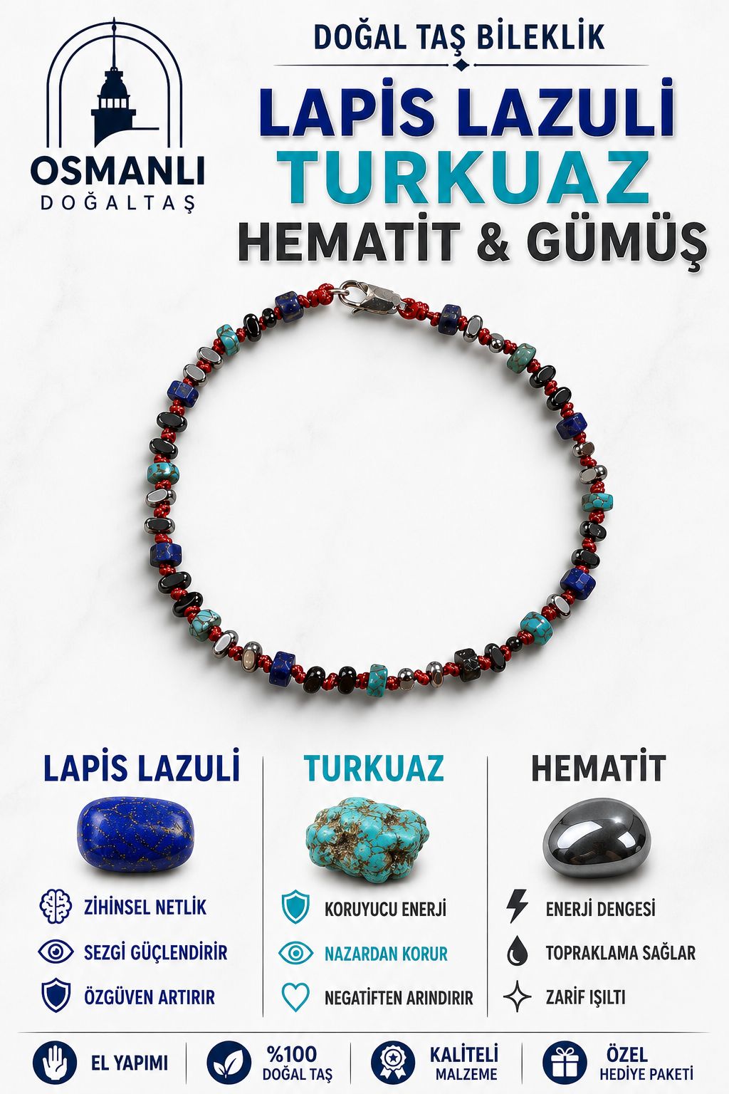 Lapis Lazuli Turkuaz Hematit Gümüş Bileklik Kırmızı İp