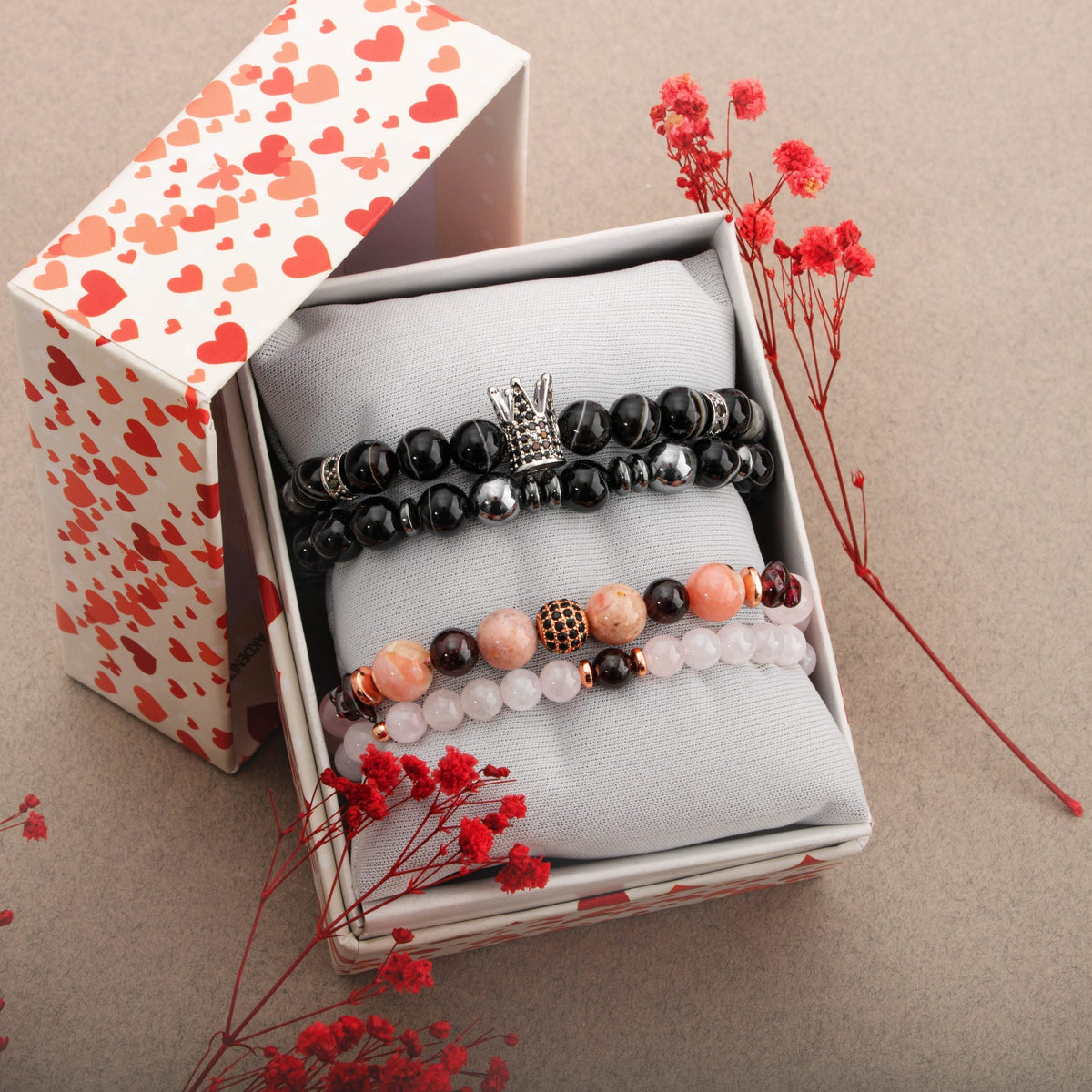 Siyah Göz Akik-Pembe Kuvars Doğal Taş Çift Bileklik Seti