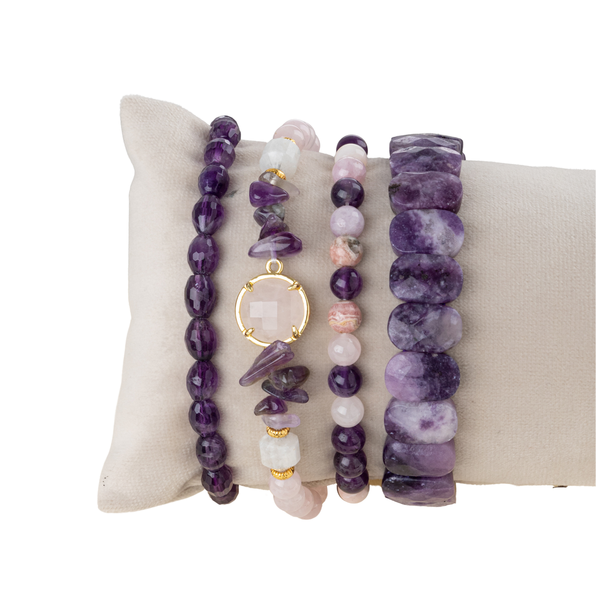 Ametist-Ay Taşı-Pembe Kuvars-Rodokrosit Doğal Taş Kadın Bileklik Seti