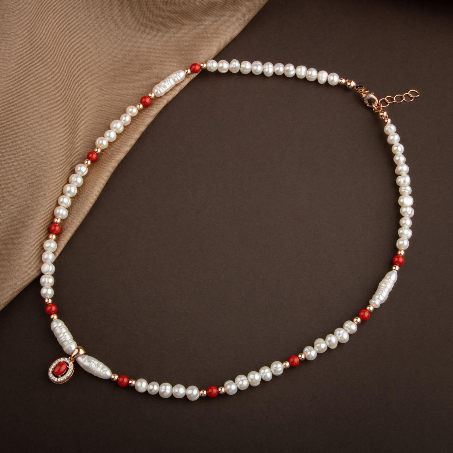 Okyanus Mercan-İnci-Hematit Doğal Taş Gümüş Kapama Kolye - 54cm