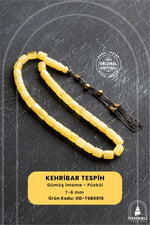 Sertifikalı 7-8 mm Silindir Kesim Gold Eskitme Kaplamalı Gümüş İmame ve Püsküllü Kehribar Tesbih