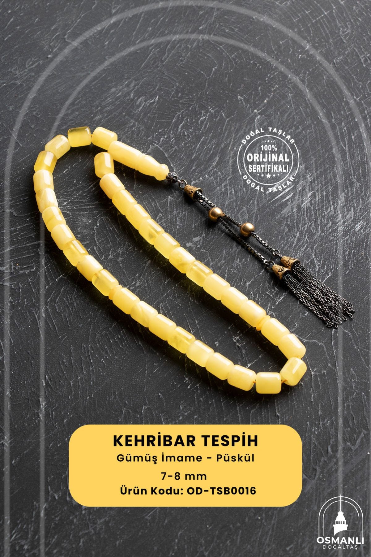 Sertifikalı 7-8 mm Silindir Kesim Gold Eskitme Kaplamalı Gümüş İmame ve Püsküllü Kehribar Tesbih