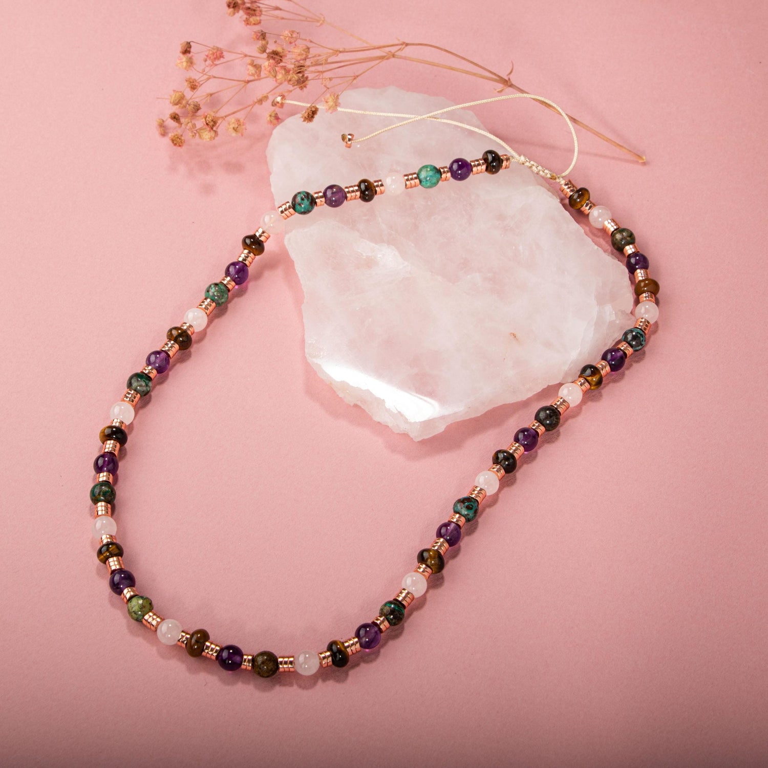 Hematit-Pembe Kuvars-Krizokol-Ametist-Kaplan Gözü Doğal Taş Kolye