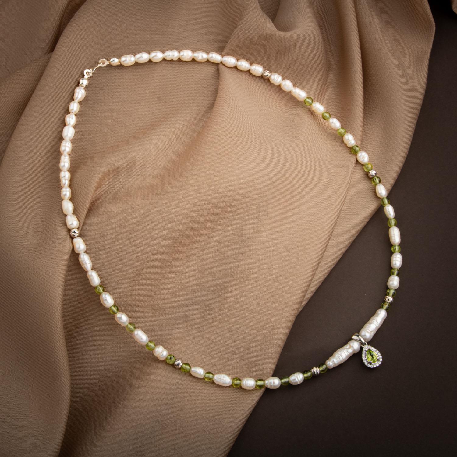 İnci-Zebercet Peridot Doğal Taş Gümüş Tasarım Kolye - 54cm