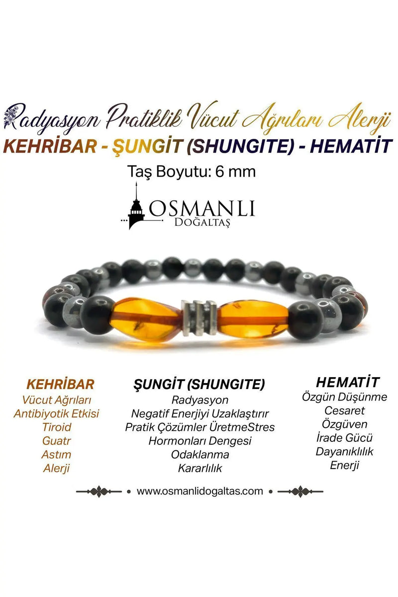Orijinal Hakiki Kehribar - Shungite (Şungit) - Hematit Doğal Taş Misinalı Bileklik 6mm
