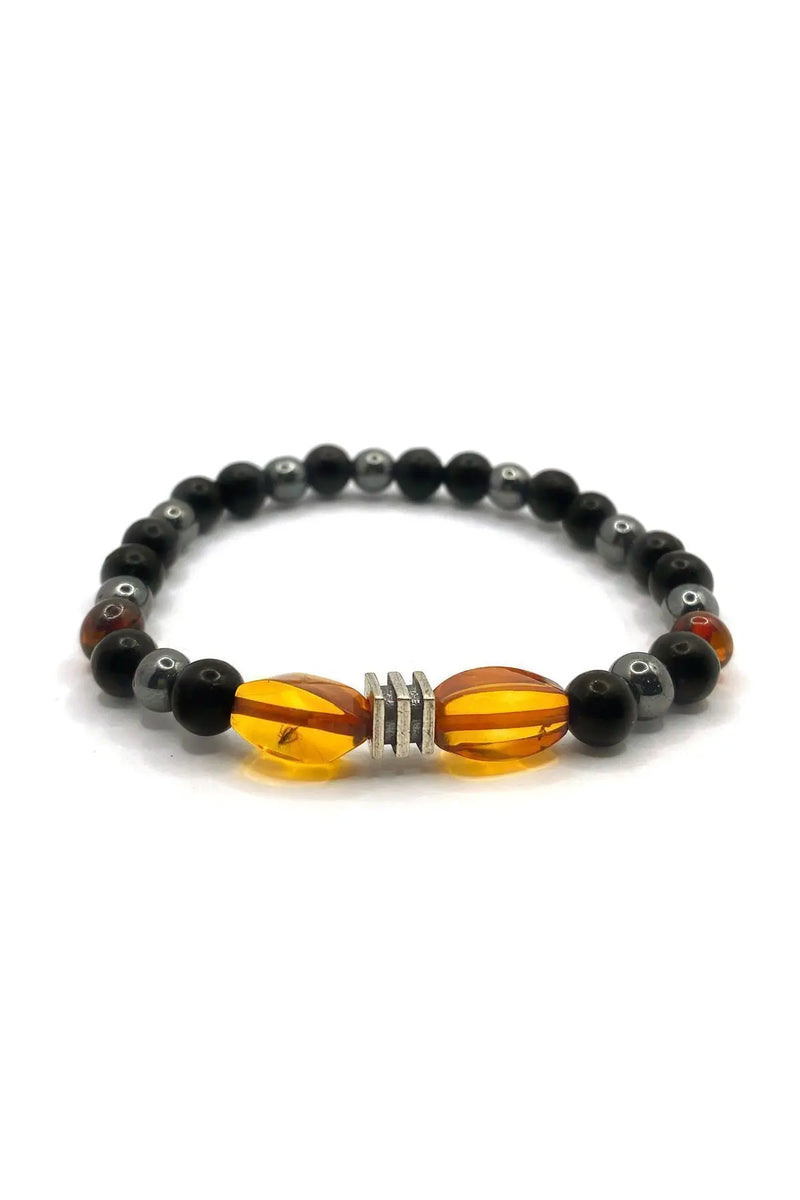 Orijinal Hakiki Kehribar - Shungite (Şungit) - Hematit Doğal Taş Misinalı Bileklik 6mm