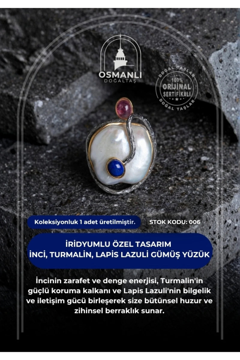 Sertifikalı İridyumlu İnci, Turmalin, Lapis Lazuli Özel Tasarım Gümüş Yüzük (Kadın) (SK:006)