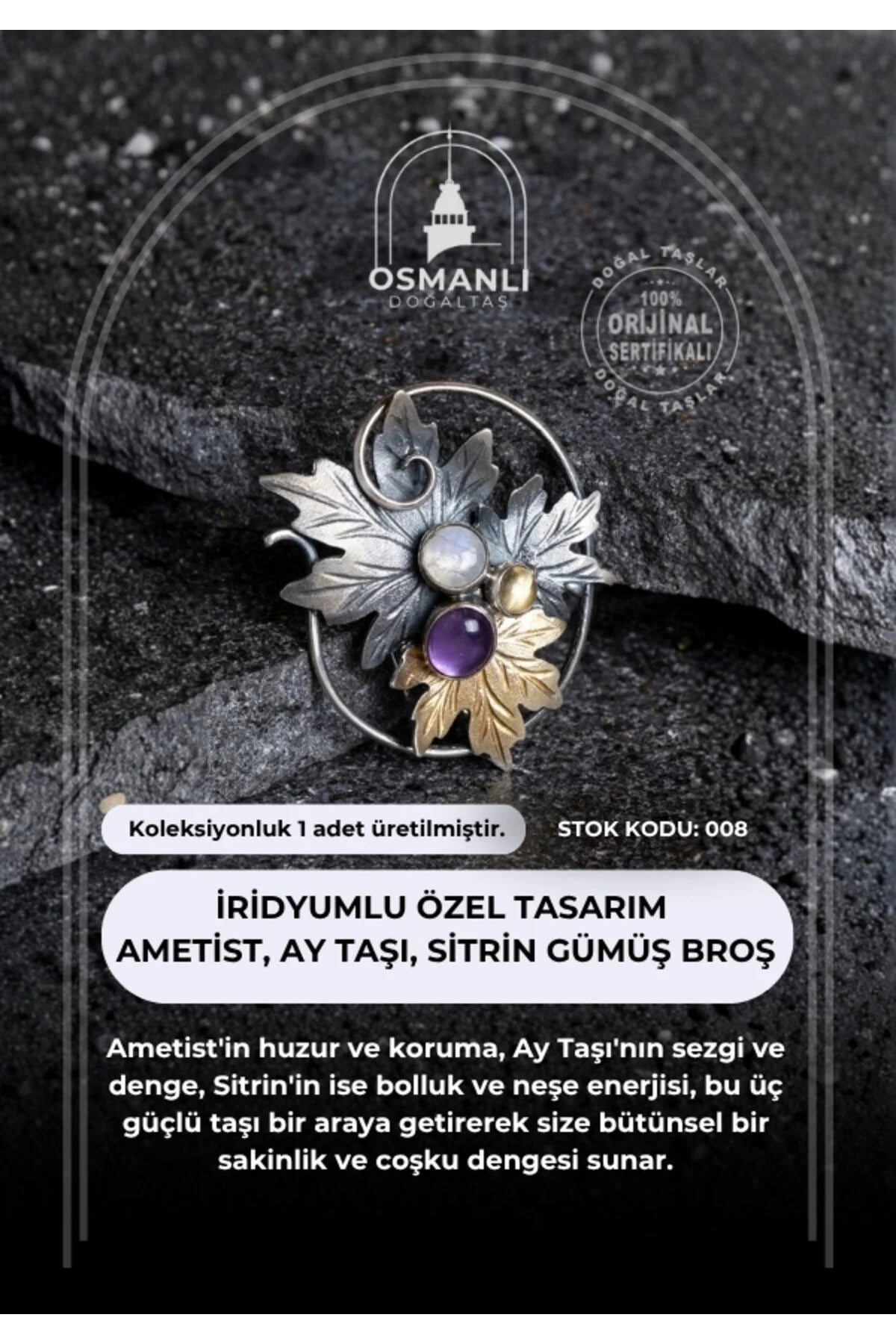 Sertifikalı İridyumlu Ametist, Ay Taşı, Sitrin Özel Tasarım Gümüş Broş (SK:008)