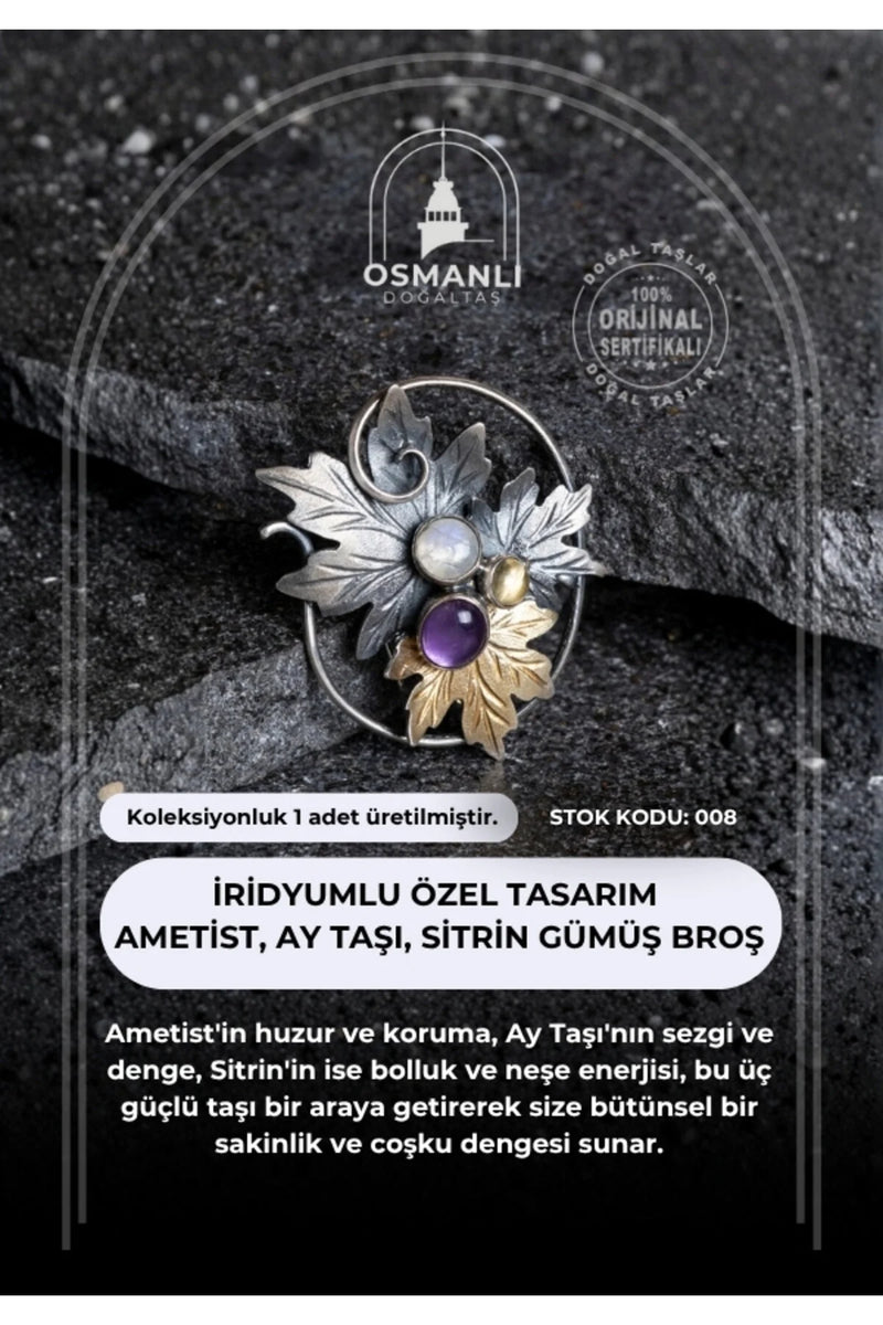 Sertifikalı İridyumlu Ametist, Ay Taşı, Sitrin Özel Tasarım Gümüş Broş (SK:008)