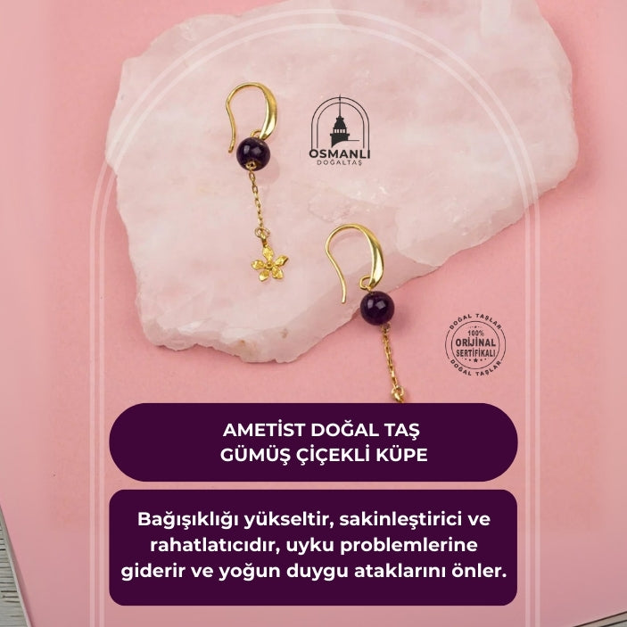 Ametist Doğal Taş Gümüş Çiçekli Küpe