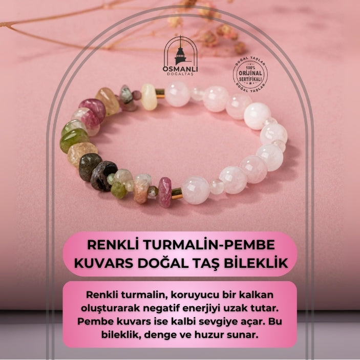 Renkli Turmalin-Pembe Kuvars Doğal Taş Bileklik