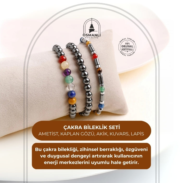 Çakra Bileklik Seti Ametist, Kaplan Gözü, Akik, Kuvars, Lapis
