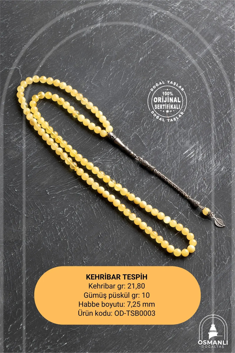 Sertifikalı 99'lu Yaprak Motifli Gümüş Kehribar Tesbih - 6 mm Küre Kesim