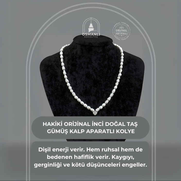 Sertifikalı Hakiki Orijinal İnci Doğal Taş Gümüş Aparatlı (Kalp Aparatlı) Kolye