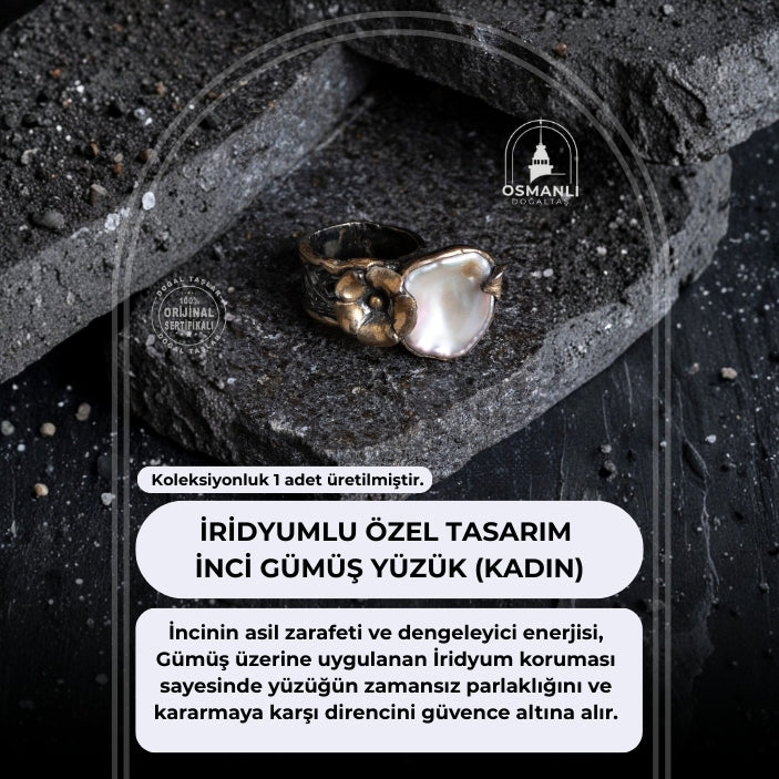 Sertifikalı İridyumlu Gümüş İnci Özel Tasarım Yüzük (Kadın)