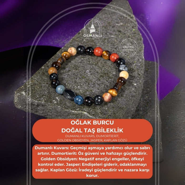 Oğlak Burcu Bileklik Dumanlı Kuvars, Dumortierit, Golden Obsidyen, Jasper, Kaplan Gözü