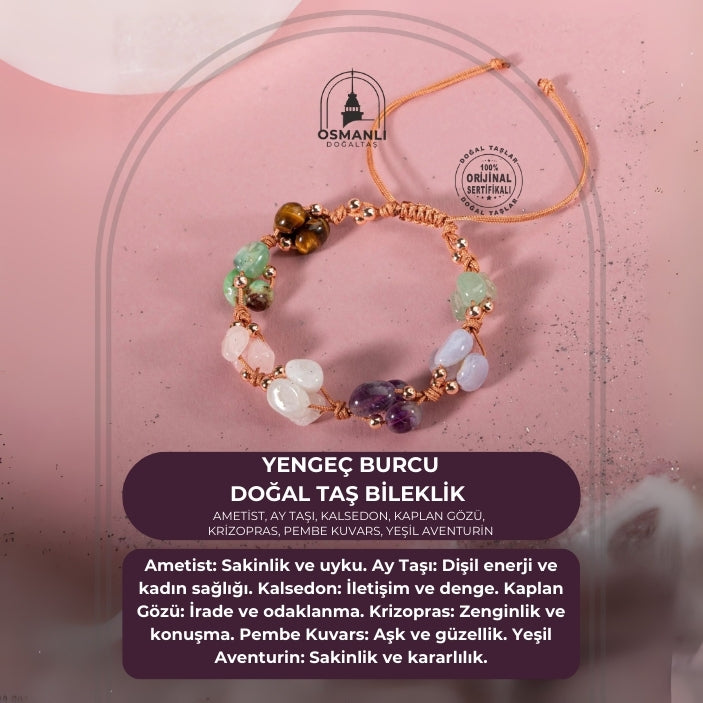 Yengeç Burcu Bileklik Ametist, Ay Taşı, Kalsedon, Kaplan Gözü, Krizopras, Pembe Kuvars, Yeşil Aventurin
