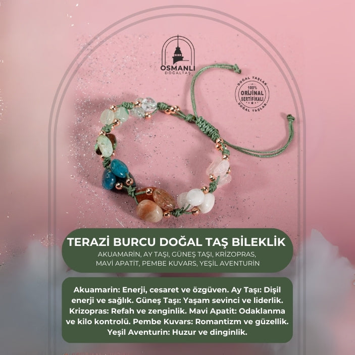 Terazi Burcu Bileklik Akuamarin, Ay Taşı, Güneş Taşı, Krizopras, Mavi Apatit, Pembe Kuvars, Yeşil Aventurin