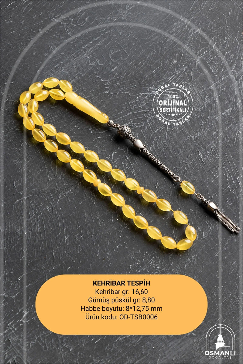 Sertifikalı Lale Motifli 9-12 mm Kapsül Kesim Gold Kaplama Gümüş Kehribar Tesbih - 50,54 g