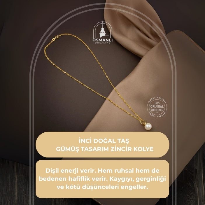 İnci Doğal Taş Gümüş Tasarım Zincir Kolye - 50cm