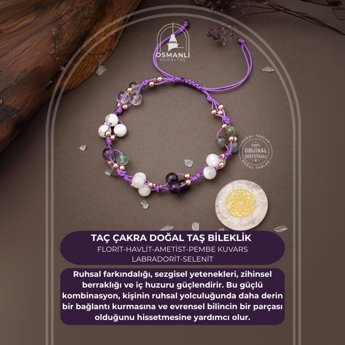 Taç Çakra Doğal Taş Bileklik - Florit-Havlit-Ametist-Pembe Kuvars-Labradorit-Selenit