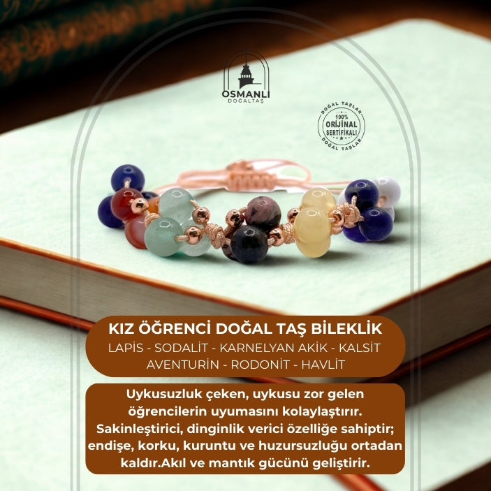 Öğrenci Bilekliği Doğal Taş Merdiven Kapama İpli Model Lapis - Sodalit - Karnelyan Akik - Kalsit - Aventurin - Rodonit -  Havlit