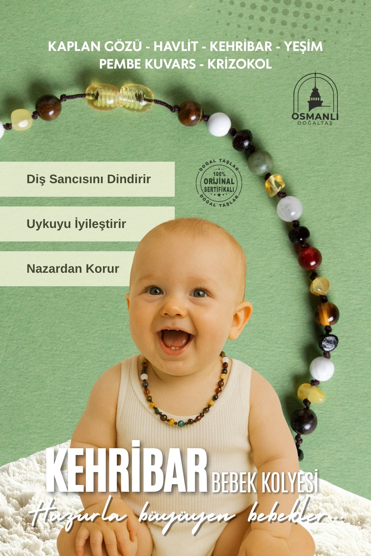 Sertifikalı Doğal Taş Bebek Kolye - Kehribar, Yeşim, Kaplan Gözü, Akik, Havlit, Krizokol, Pembe Kuvars
