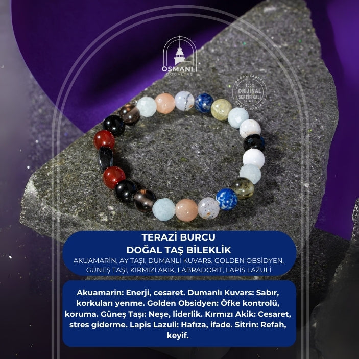 Terazi Burcu Bileklik Akuamarin, Ay Taşı, Dumanlı Kuvars, Golden Obsidyen, Güneş Taşı, Kırmızı Akik, Labradorit, Lapis Lazuli