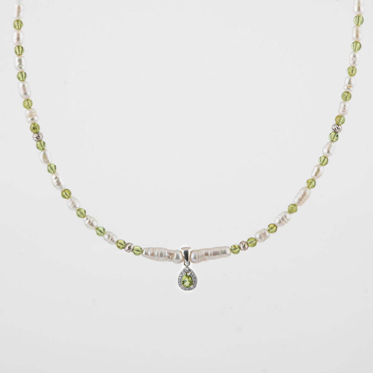 İnci-Zebercet Peridot Doğal Taş Gümüş Tasarım Kolye - 54cm