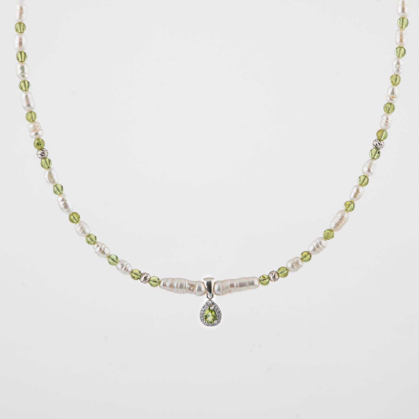 İnci-Zebercet Peridot Doğal Taş Gümüş Tasarım Kolye - 54cm