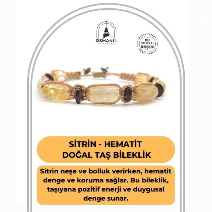 Sertifikalı Hakiki Orijinal Sitrin - Hematit  Doğal Taş İpli Bileklik (Köşeli Makrome Model)