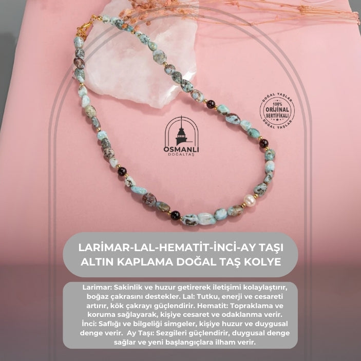 Larimar-Lal-Hematit-İnci-Ay Taşı Altın Kaplama Doğal Taş Kolye