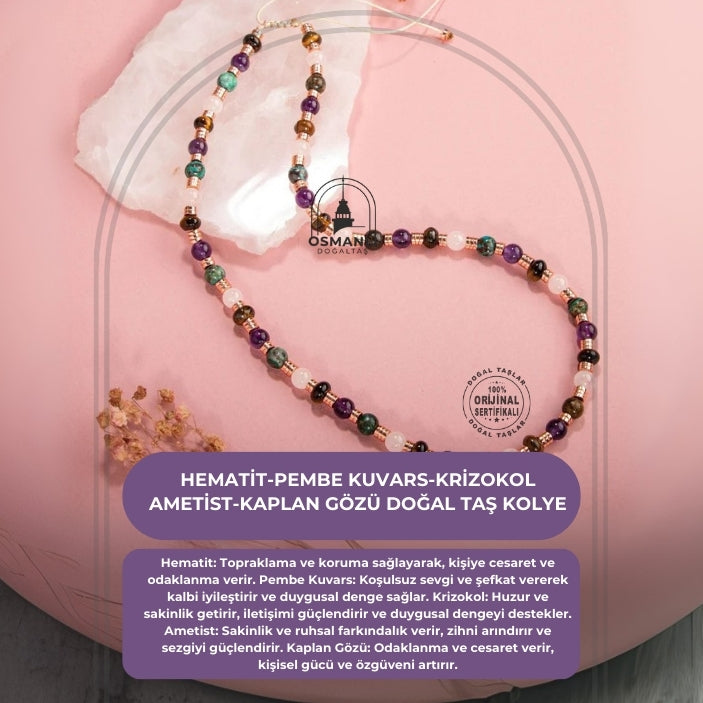 Hematit-Pembe Kuvars-Krizokol-Ametist-Kaplan Gözü Doğal Taş Kolye