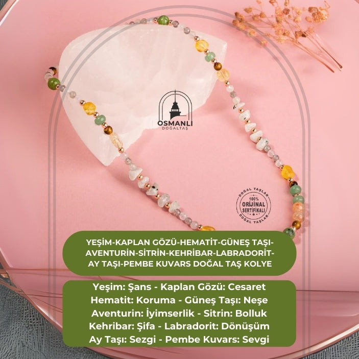 Yeşim-Kaplan Gözü-Hematit-Güneş Taşı-Aventurin-Sitrin-Kehribar-Labradorit-Ay Taşı-Pembe Kuvars Doğal Taş Kolye