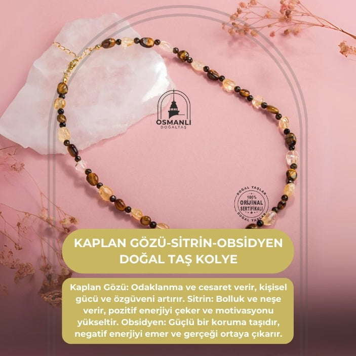 Kaplan Gözü-Sitrin-Obsidyen Doğal Taş Kolye