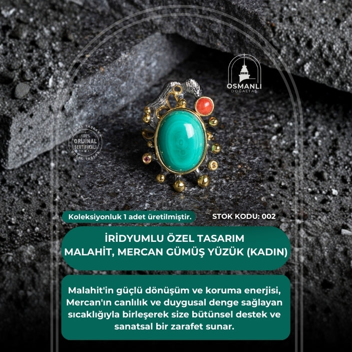 Sertifikalı İridyumlu Malahit, Mercan Özel Tasarım Gümüş Yüzük (Kadın) (SK:002)