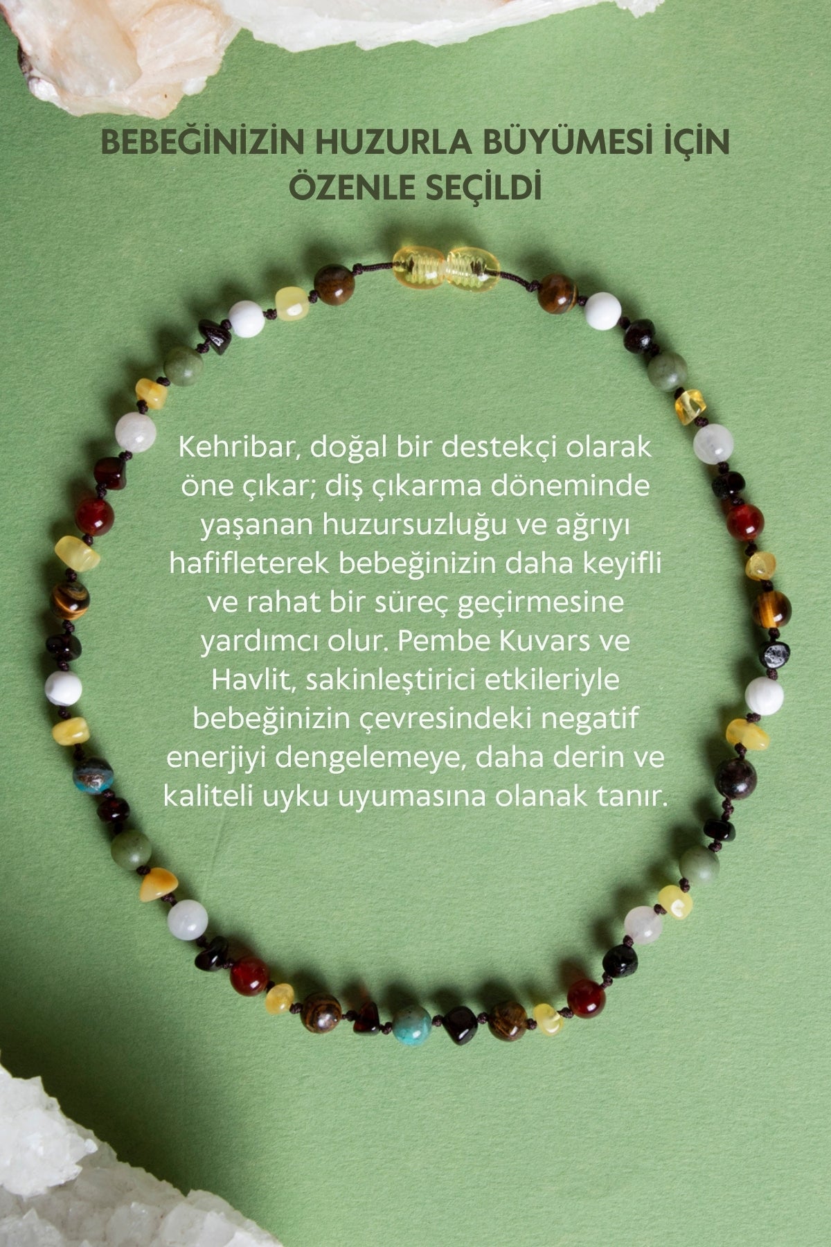 Sertifikalı Doğal Taş Bebek Kolye - Kehribar, Yeşim, Kaplan Gözü, Akik, Havlit, Krizokol, Pembe Kuvars