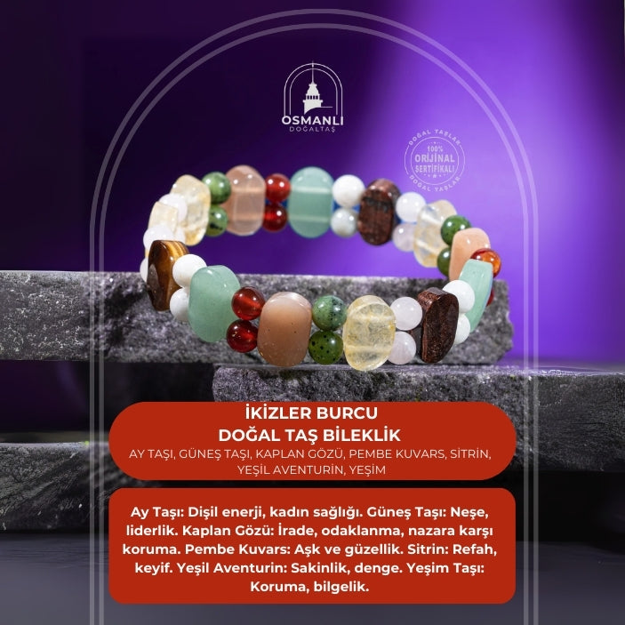 İkizler Burcu Bileklik Ay Taşı, Güneş Taşı, Kaplan Gözü, Pembe Kuvars, Sitrin, Yeşil Aventurin, Yeşim