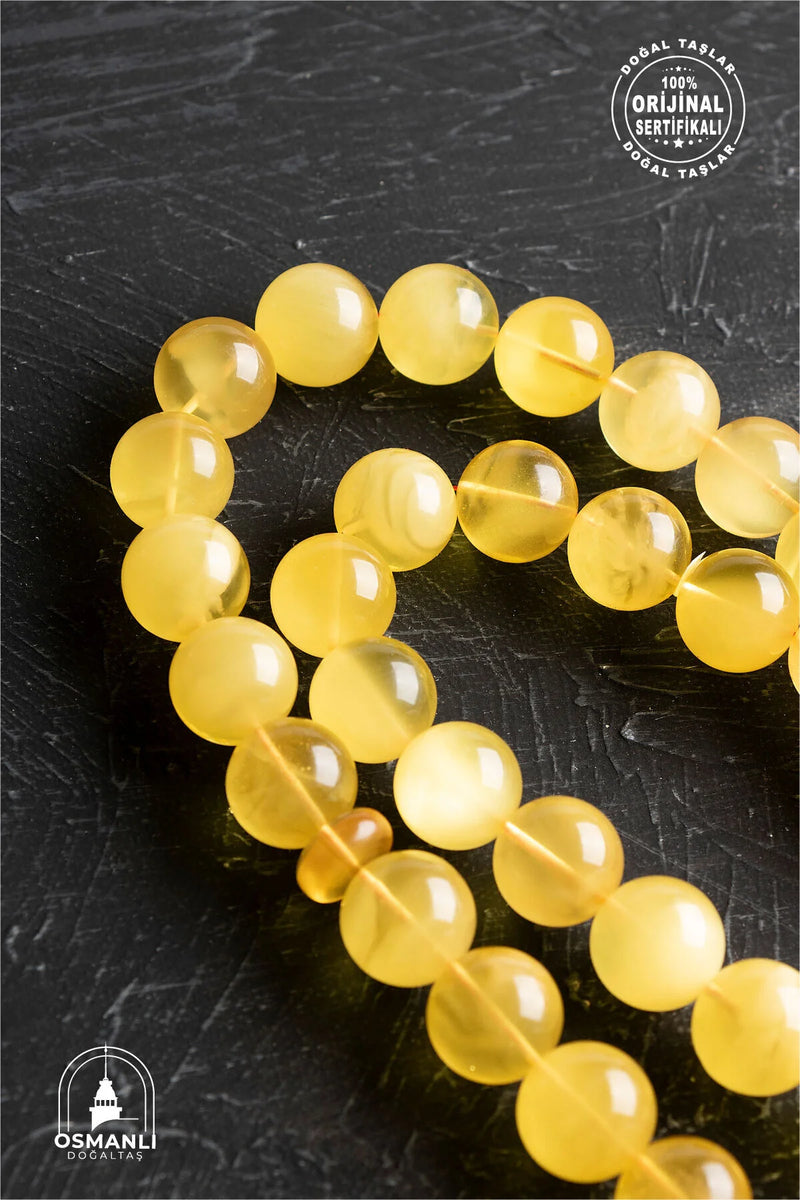 Sertifikalı Lale Motifli 12,5 mm Küre Kesim Gold Kaplama Gümüş Kehribar Tesbih - 43,50 gr