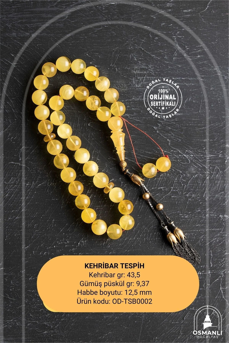 Sertifikalı Lale Motifli 12,5 mm Küre Kesim Gold Kaplama Gümüş Kehribar Tesbih - 43,50 gr