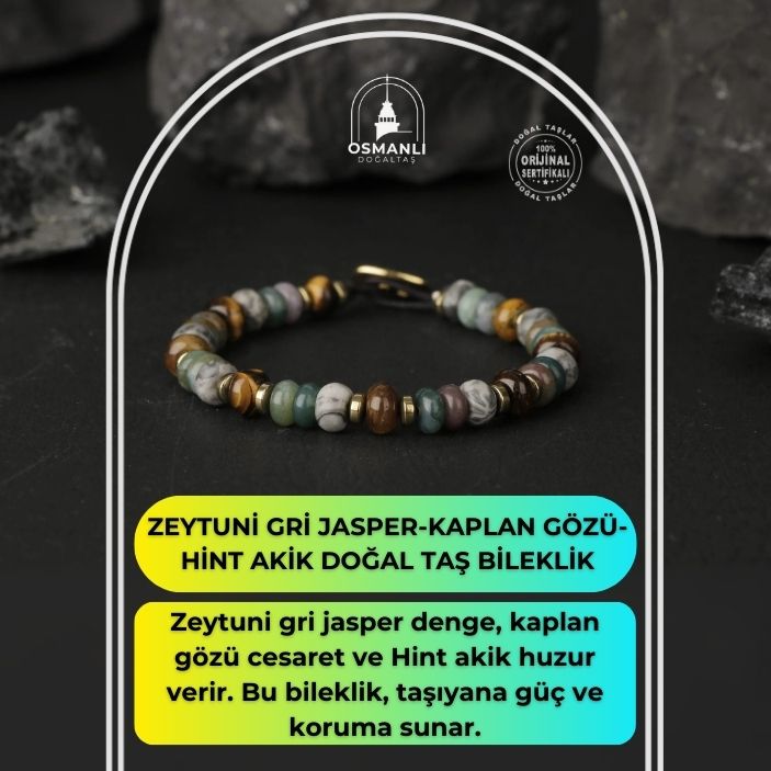 Zeytuni Gri Jasper-Kaplan Gözü-Hint Akik Doğal Taş Erkek Bileklik